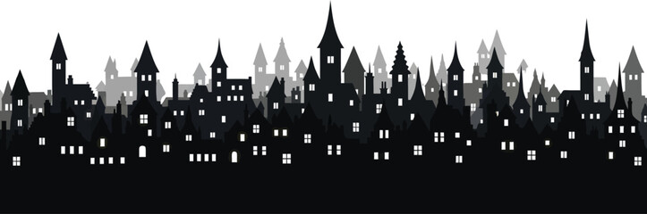 Obraz premium Dark silhouette of an old european city skyline with many buildings and lit windows at night