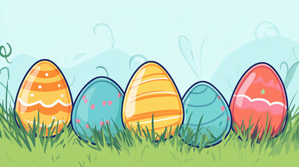 Colorful decorated Easter eggs in a grassy field against a light blue background for spring festivities