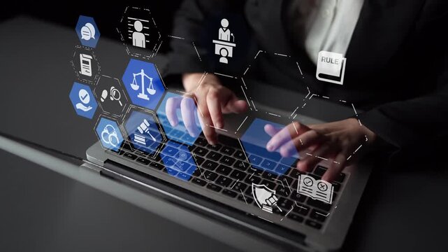 Law icons illustrate justice, court, and regulation system. Law represents fairness, law supports police, and law connects with rules, rights, and enforcement. Funnel