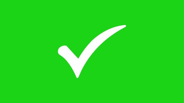 Green checkmark animation on green screen background. Tick symbol animation, success approval correct sign intro template.