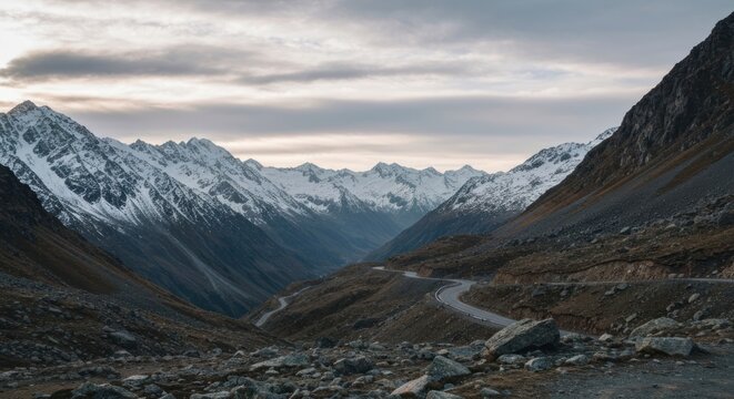 Winding mountain road descends through snowy peaks under overcast sky - Powered by Adobe