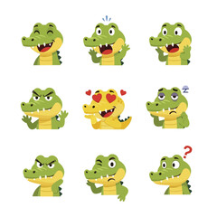 Collection of Adorable Cartoon Crocodile Emoticons Expressing Various Emotions.