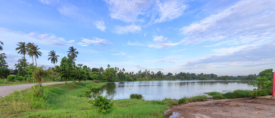 Beautiful, serene landscape with a lake and palm trees