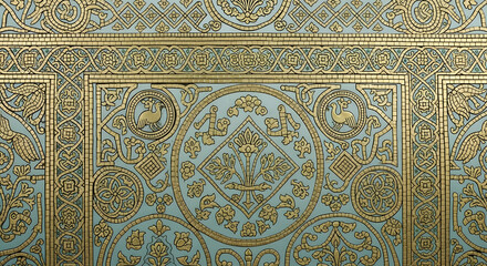 Ornate golden mosaic pattern with floral and avian motifs on a light blue background detail showing art