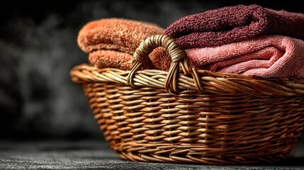Obraz premium Woven basket filled with folded, plush towels of various warm colors