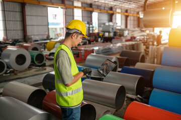 Industrial worker conducting inventory management in warehouse manufacturing sector technology-focused environment urban view