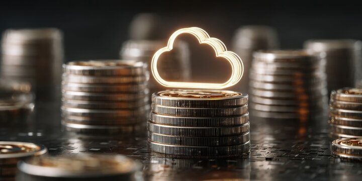 Cloud Computing Cost Savings with Stacked Coins and Glowing Cloud Icon