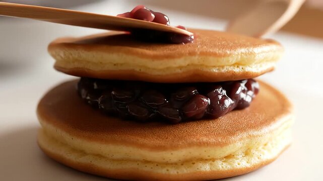 Close-up of Dorayaki preparation with sweet red bean paste.