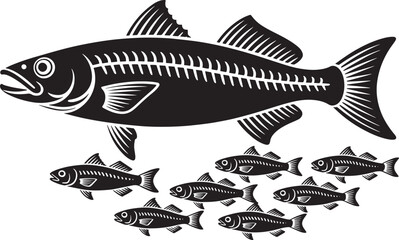 Big bony fish with internal structure details and seven small aquatic animals vector drawing