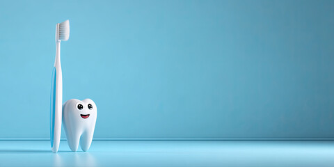 Naklejka premium Oversized smiling toothbrush character and cheerful tooth illustration with copy space