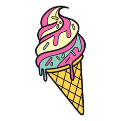 Vibrant swirl ice cream cone with pink yellow and teal flavors dripping deliciously with colorful sprinkles on a waffle cone