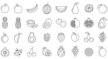 Fruits line icon set. Vector pictograms of banana, orange, strawberry, grapes, pineapple, mango, blueberry, raspberry, lime, kiwi, papaya, pomegranate, coconut, thin linear illustration