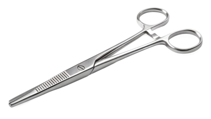 Shiny metallic forceps slightly open, isolated on transparent background, macro precision detail.