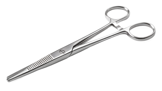 Shiny metallic forceps slightly open, isolated on transparent background, macro precision detail.