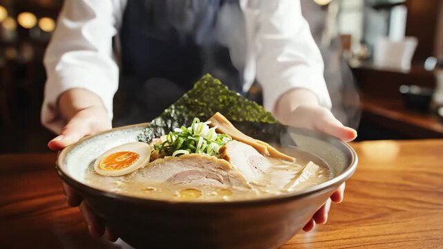 Chef in an apron serving a steaming hot bowl of traditional Japanese ramen noodle soup in a restaurant.