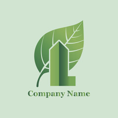 Leaf and building real estate nature architecture organic eco home construction design illustration logo