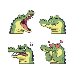Cute Cartoon Alligator Head Expressions Set.