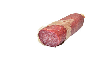 Dry-cured sausage in packaging on a PNG background.