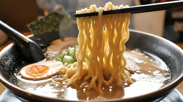 Close up of eating a steaming hot bowl of Japanese ramen noodles.