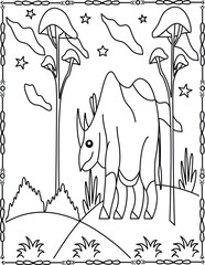 Cute Rhino Coloring Page for Kids And Adults. African Animal Line Art Nature Scene.