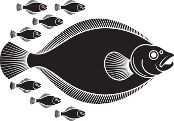 Flounder flatfish vector silhouette surrounded by small marine fishes sea life illustration