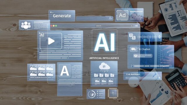 Engaging digital workspace view with various artificial intelligence applications and tools displayed on a wooden desk, illustrating modern technology and innovation. Raster