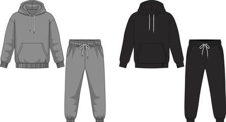 Hoodie and sweatpants set, front view illustration, casual wear vector, gray and black outfit, fashion flat sketch, cozy clothing template design