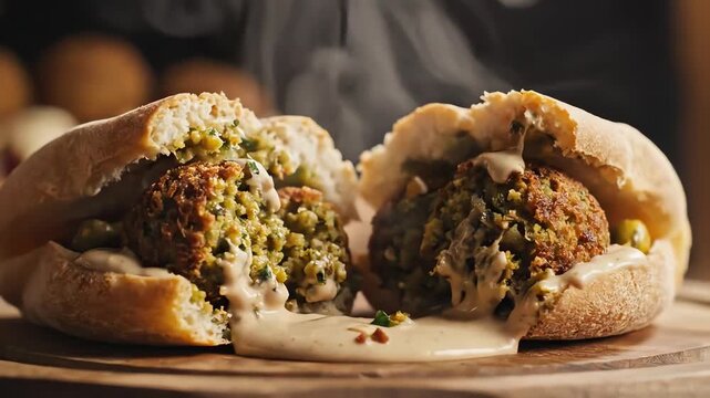 Close-up of hands tearing apart a delicious falafel sandwich, revealing the savory filling and creamy sauce inside.