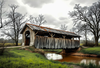A rustic wooden covered bridge with weathered planks crosses a small muddy creek surrounded by grass and trees some with bare branches under a cloudy sky in a rural area