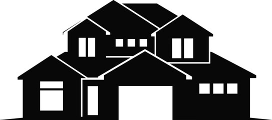 House silhouette icon, residential building vector, architectural roofline design, real estate symbol, home structure graphic, black and white illustration, property logo template