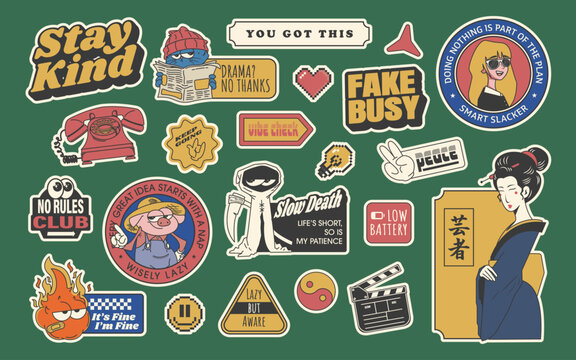 retro stiker pack with sarcastic and chill quotes, vector illustration
