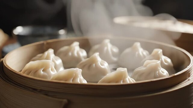 Steaming Hot Traditional Dumplings in a Bamboo Steamer Basket.