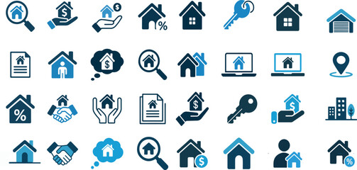 Collection of Real Estate and Property Icons Representing Home Ownership and Investment Opportunitie