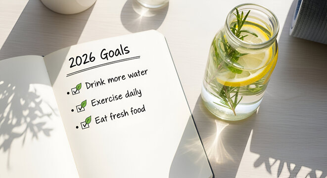 Water bottle with lemon and planner with written goals for the new 2026 year, symbol of healthy lifestyle, balance and fresh start.