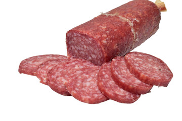 Dry-cured sausage cut into thin slices on PNG background.
