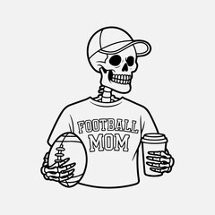 Football Mom with Cool Skeleton, Cap, Coffee, and Ball - Free Halloween Sports SVG