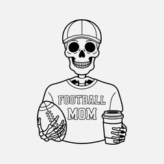 Football Mom Cool Skeleton with Cap, Coffee, and Ball - Free Halloween Sports SVG