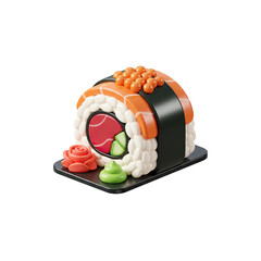 Colorful sushi roll crafted with attention to detail showcasing vibrant ingredients on a black plate