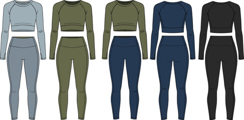Athletic crop top and leggings set, five color variations, front view fashion flat, activewear outfit design, workout clothing template, fitness apparel illustration