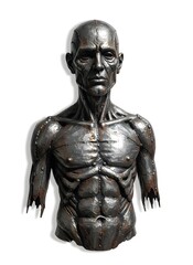 Obraz premium Bronze cybernetic bust of aged man with exposed wires and stern expression symbolizing fragile humanity under technological control