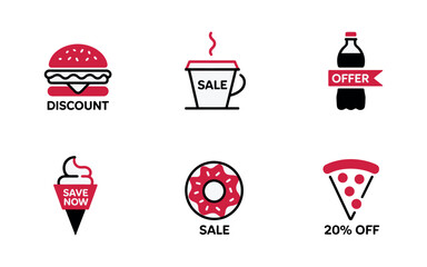 Collection of fast food and drink icons with discount and sale promotions