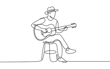 Artist in hat plays acoustic guitar sitting on stool, creative music illustration