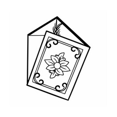 Envelope with Flower Card Design Black and White Vector Graphic