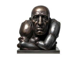 Fototapeta premium Bronze sculpture of a bald man with robotic arms and sorrowful face resting on crossed limbs expression of burden