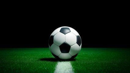 Soccer ball on green grass field with dark background