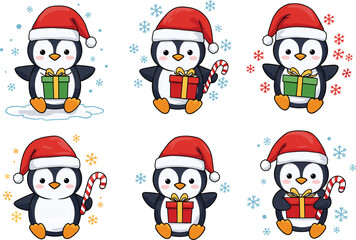Cute Christmas penguin cartoon with Santa hat, candy cane, and gift boxes, adorable holiday illustration with snowflakes, festive winter design