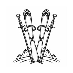 Monochrome ski equipment illustration with snowy mountains and poles