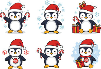 Cute Christmas penguin cartoon with Santa hat, candy cane, and gift boxes, adorable holiday illustration with snowflakes, festive winter design