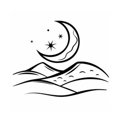 Mystical night scene with moon stars and mountains illustration design