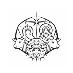 Nativity Scene Black and White Illustration Featuring Baby Jesus and Animals